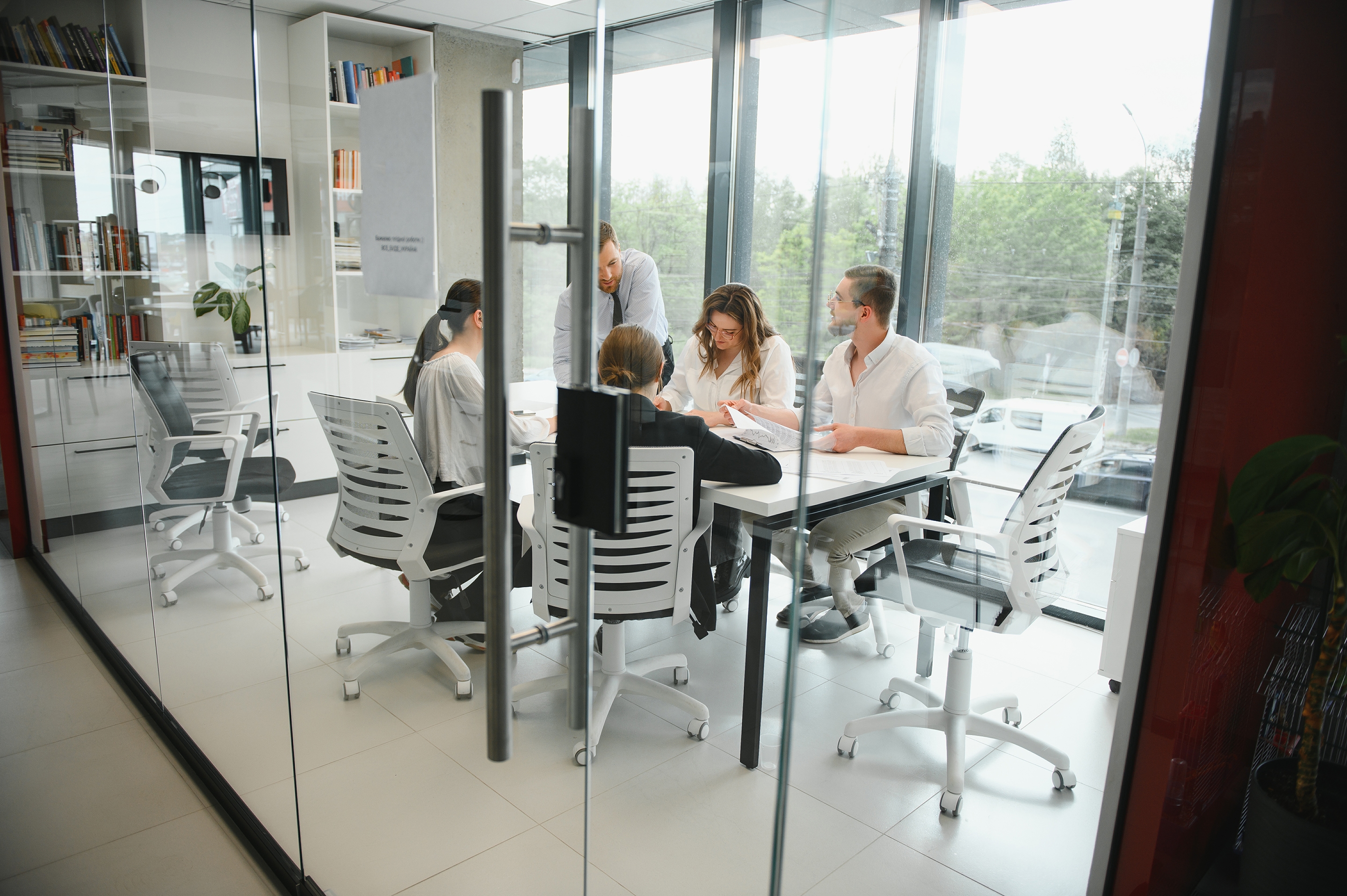Employees meeting in modern office space