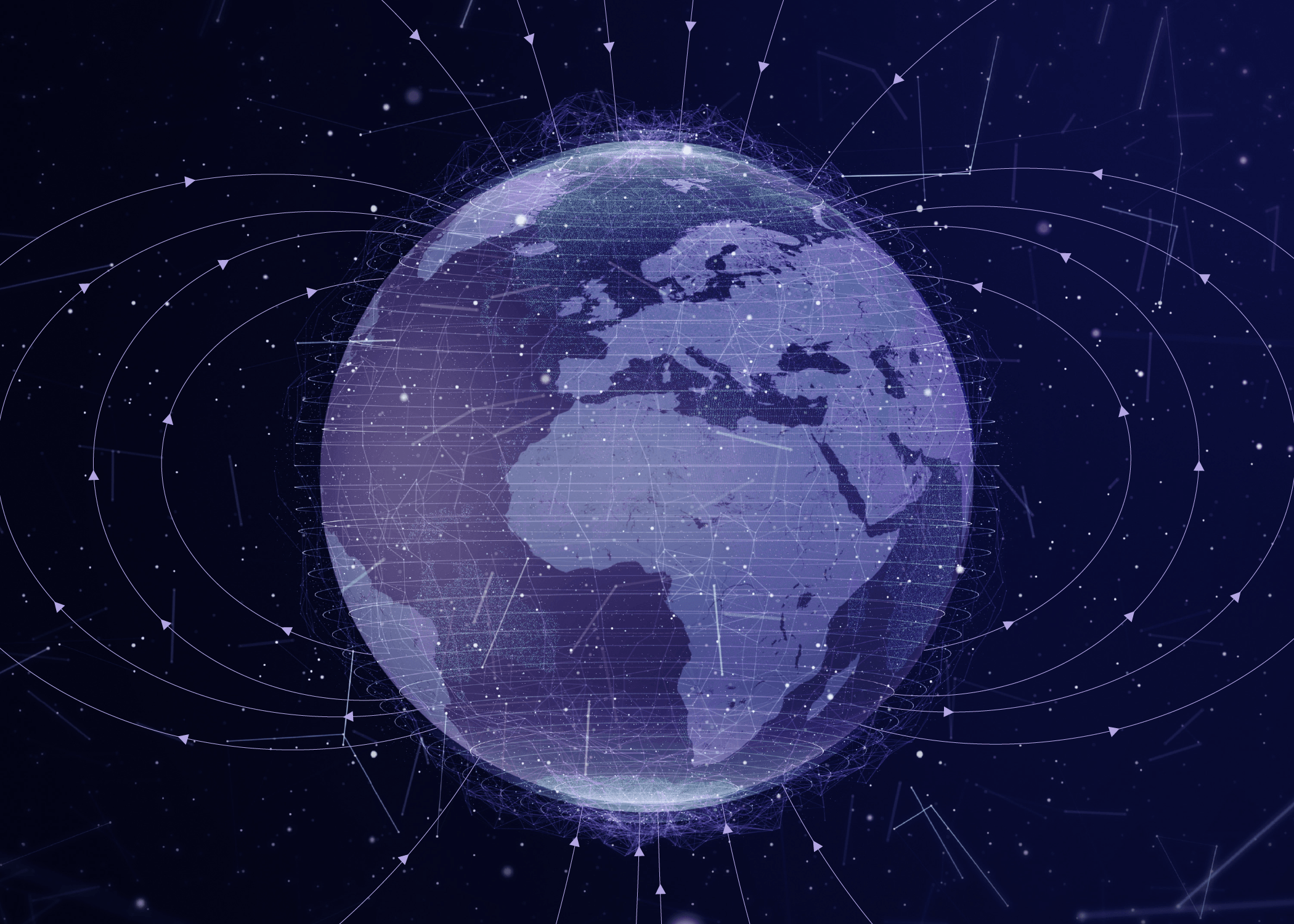 Illustration of Earth surrounded by magnetic field lines and orbital paths.