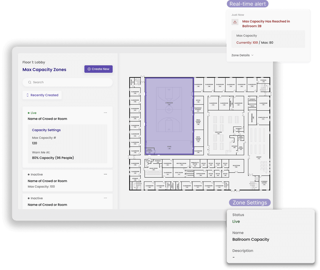 Indoor occupancy management dashboard showing crowd capacity zones and real-time alerts