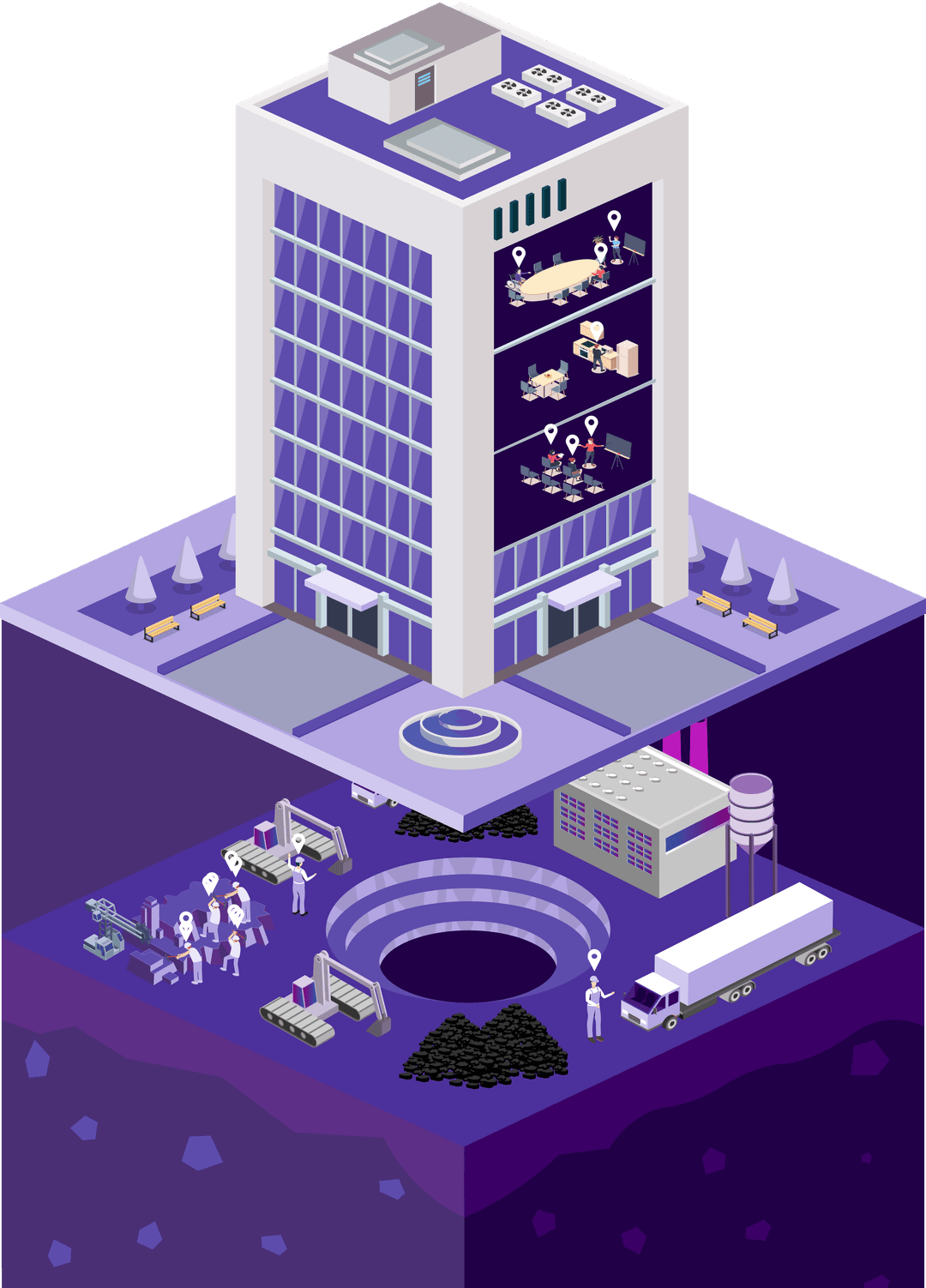3D smart facility illustration showing indoor tracking, logistics, mining, and industrial spatial intelligence systems