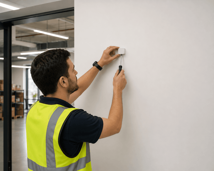 Technician installing indoor tracking device