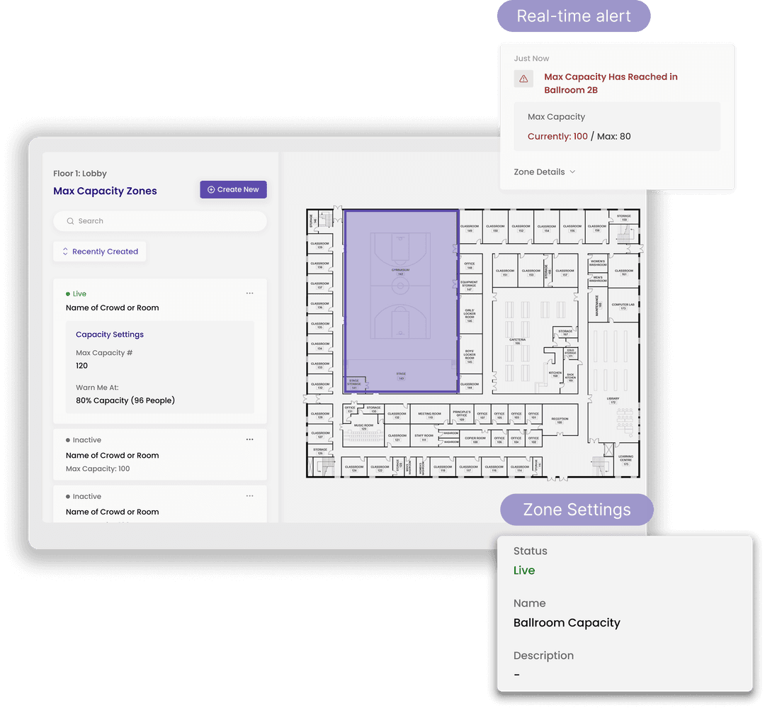 Indoor occupancy management dashboard showing crowd capacity zones and real-time alerts